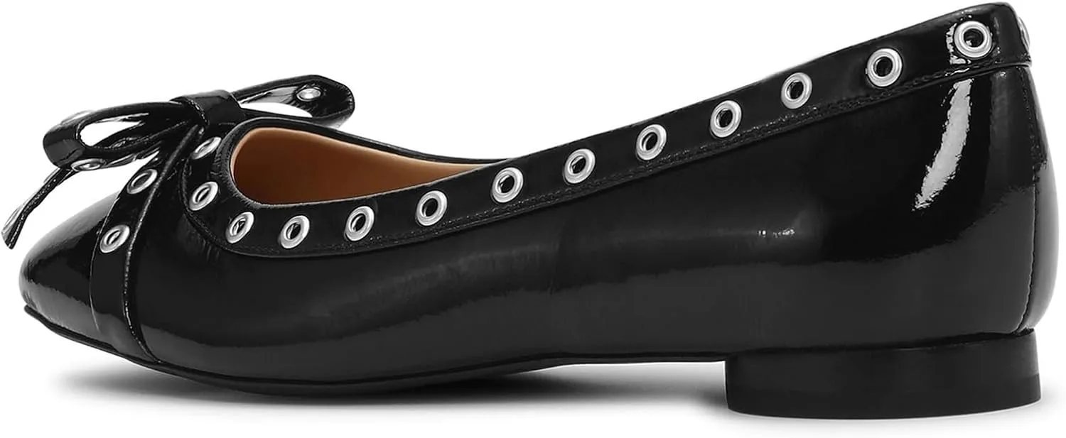 Womens Bows Slip On Ballet Flats, Leather Comfortable Closed Square Toe Perforated Studded Shoe for Dressy Work Casual