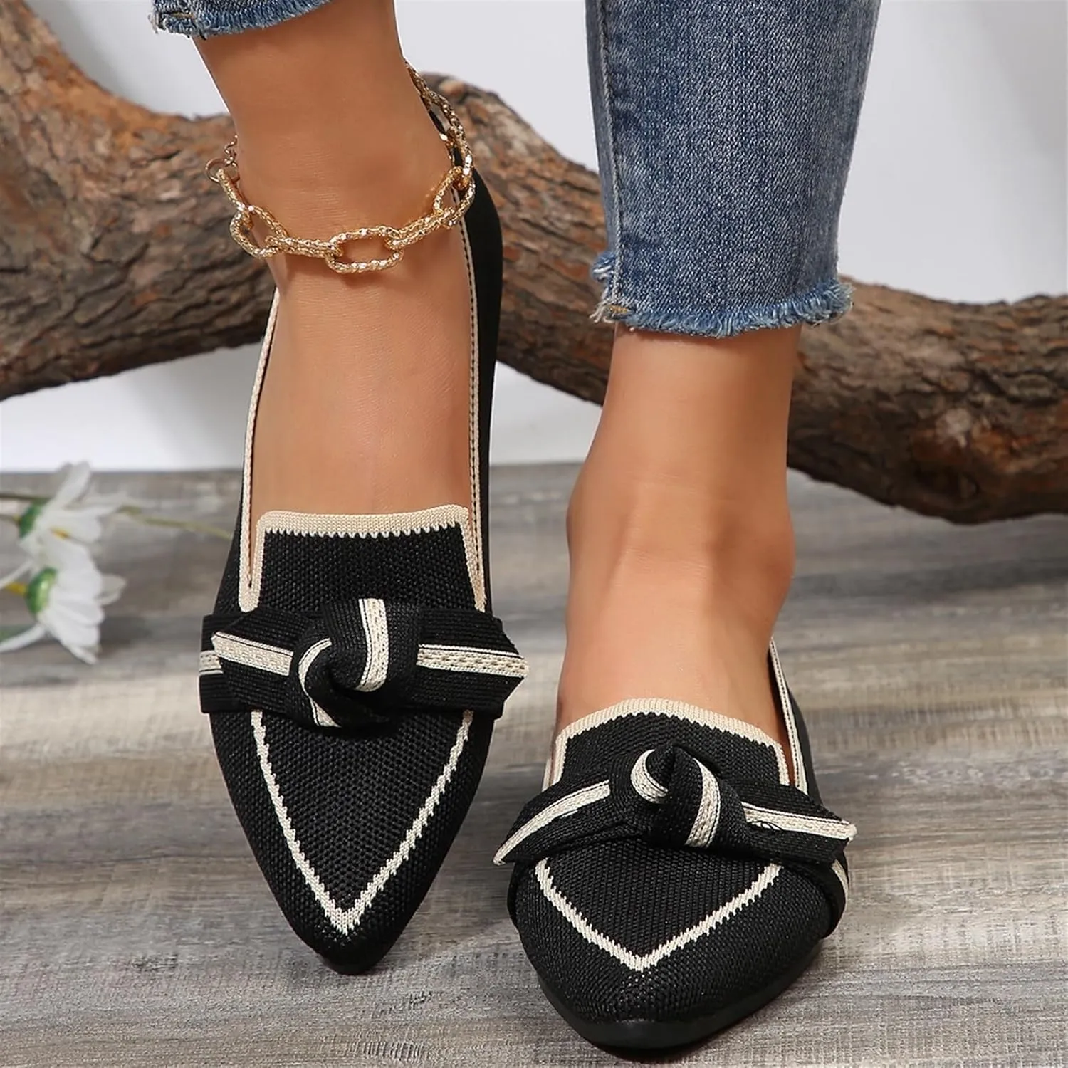 Women's Fashion Pointed-Toe Mesh Slip On Flats Dress Shoes Comfort Breathable Bow Soft Knit Ligntweight Ballets for Party Office Business Casual