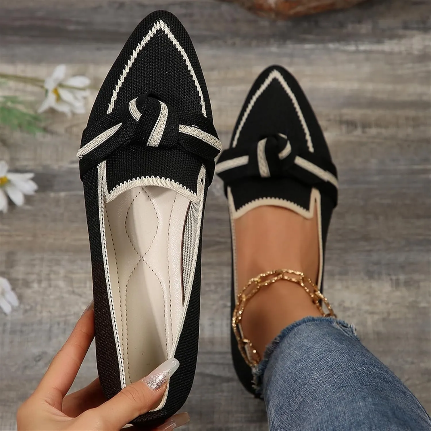Women's Fashion Pointed-Toe Mesh Slip On Flats Dress Shoes Comfort Breathable Bow Soft Knit Ligntweight Ballets for Party Office Business Casual