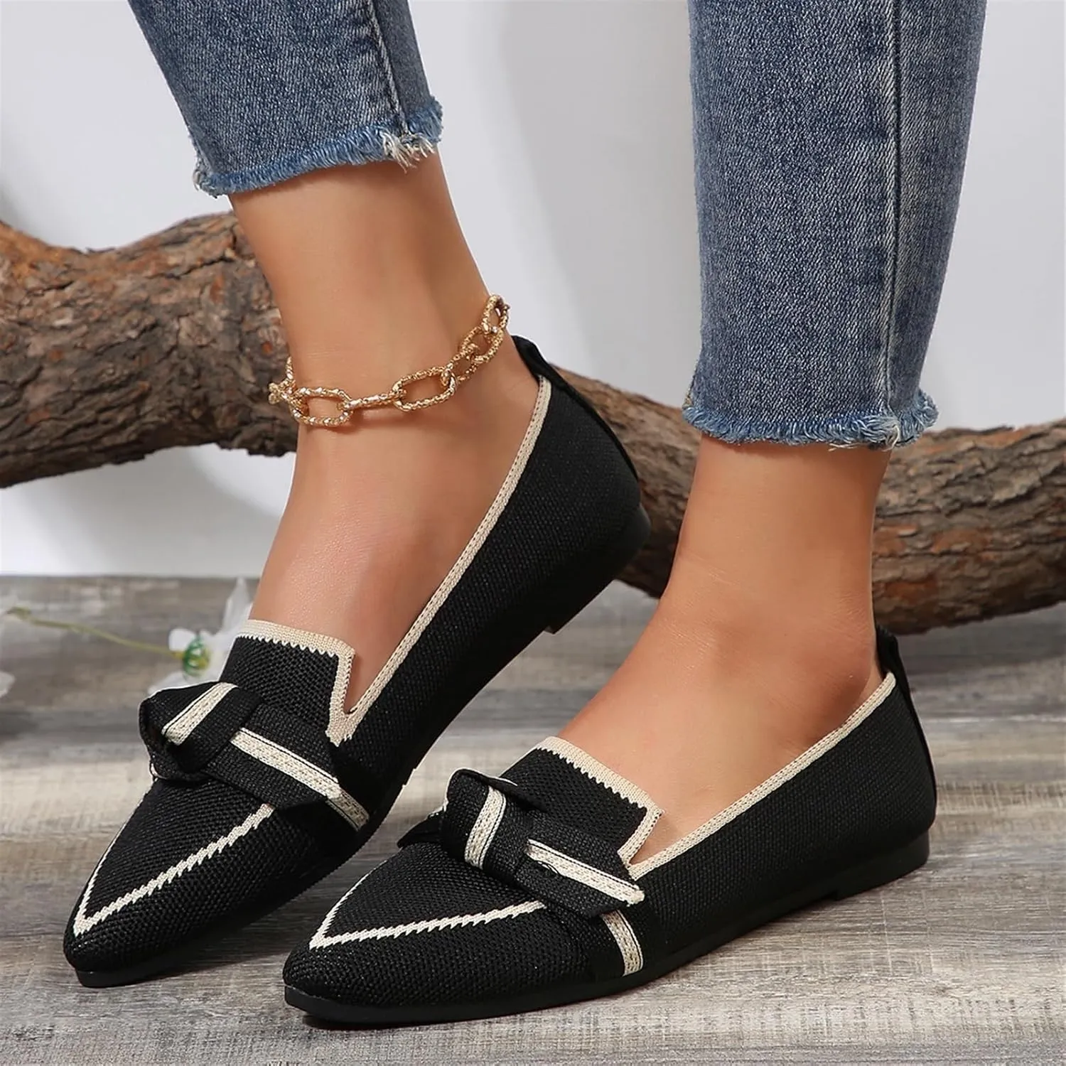 Women's Fashion Pointed-Toe Mesh Slip On Flats Dress Shoes Comfort Breathable Bow Soft Knit Ligntweight Ballets for Party Office Business Casual