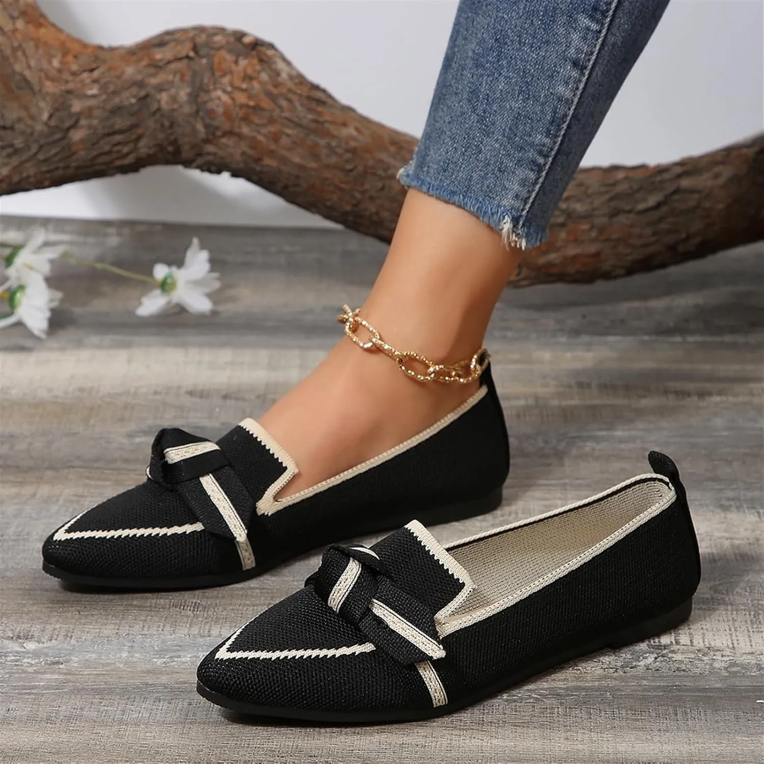 Women's Fashion Pointed-Toe Mesh Slip On Flats Dress Shoes Comfort Breathable Bow Soft Knit Ligntweight Ballets for Party Office Business Casual