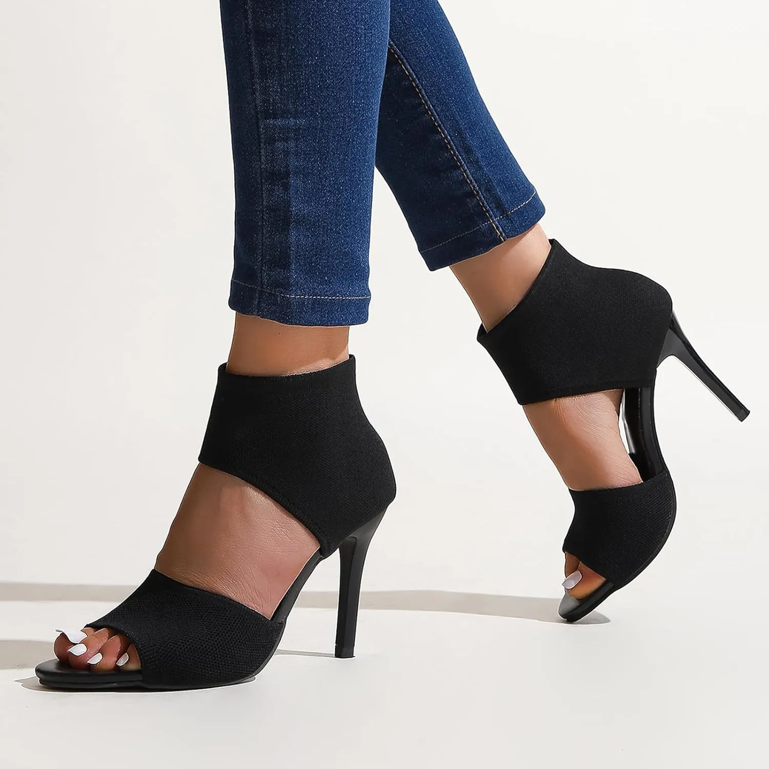 Womens Fish Mouth Stiletto Sandals,Heel High 3.54in Comfortable Dress Heel Sandals,Stretchy Knit Open Toe High Heels (Black,8)