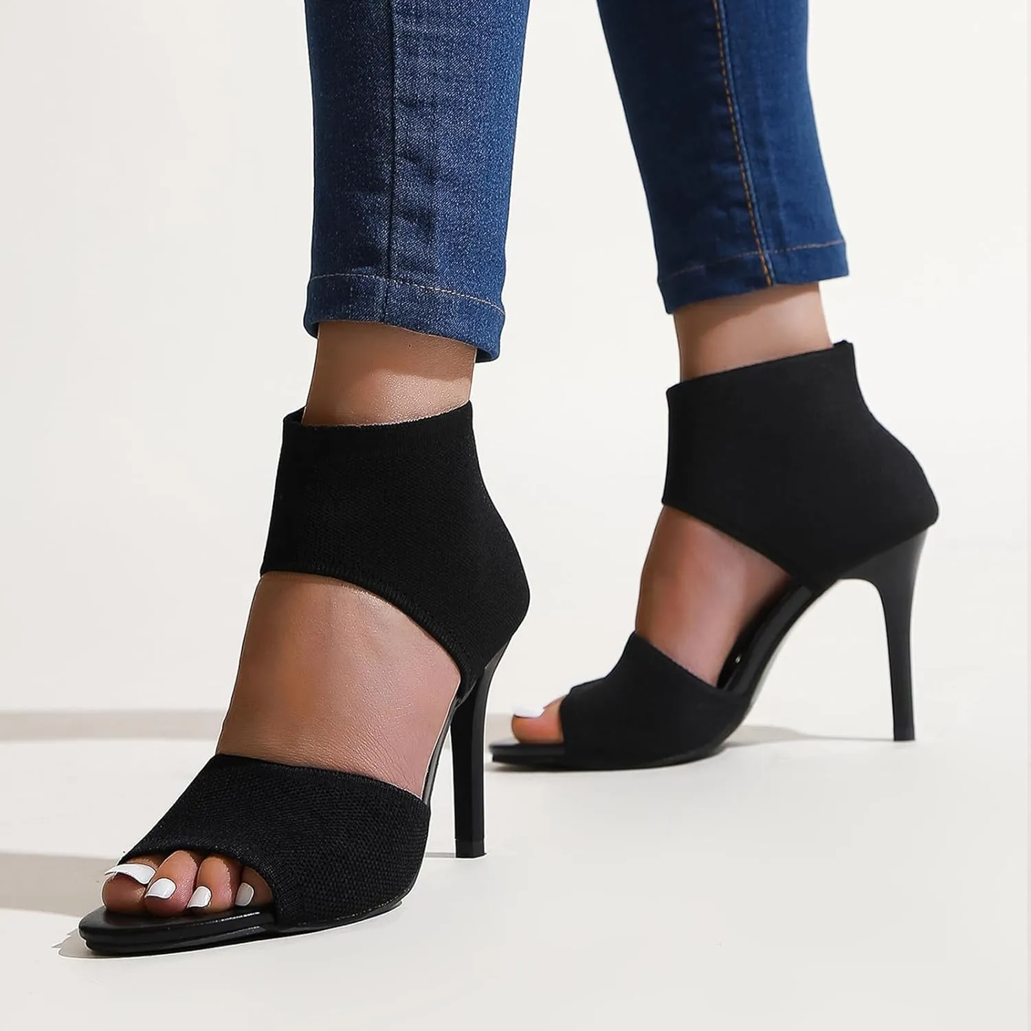 Womens Fish Mouth Stiletto Sandals,Heel High 3.54in Comfortable Dress Heel Sandals,Stretchy Knit Open Toe High Heels (Black,8)