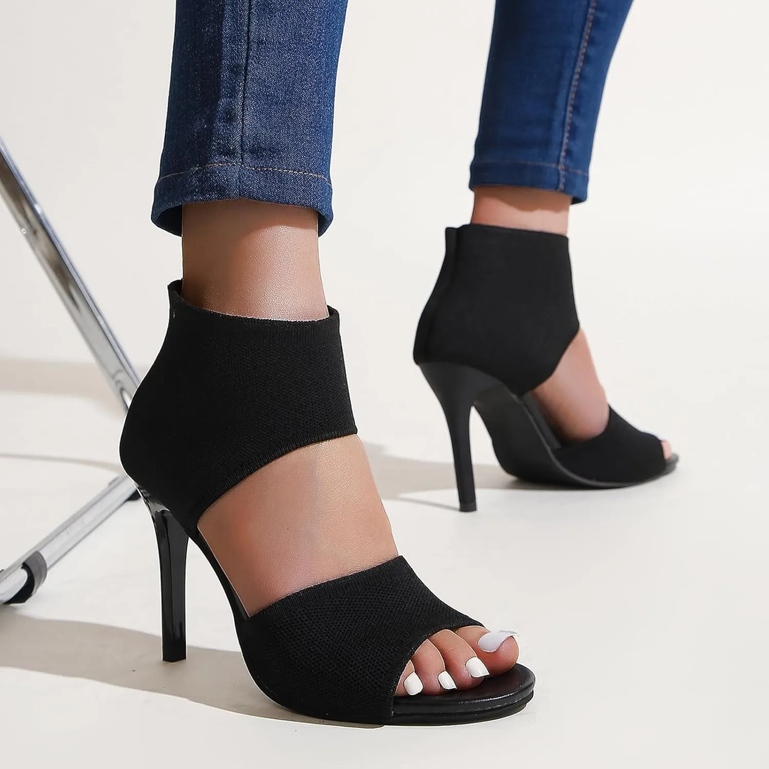Womens Fish Mouth Stiletto Sandals,Heel High 3.54in Comfortable Dress Heel Sandals,Stretchy Knit Open Toe High Heels (Black,8)