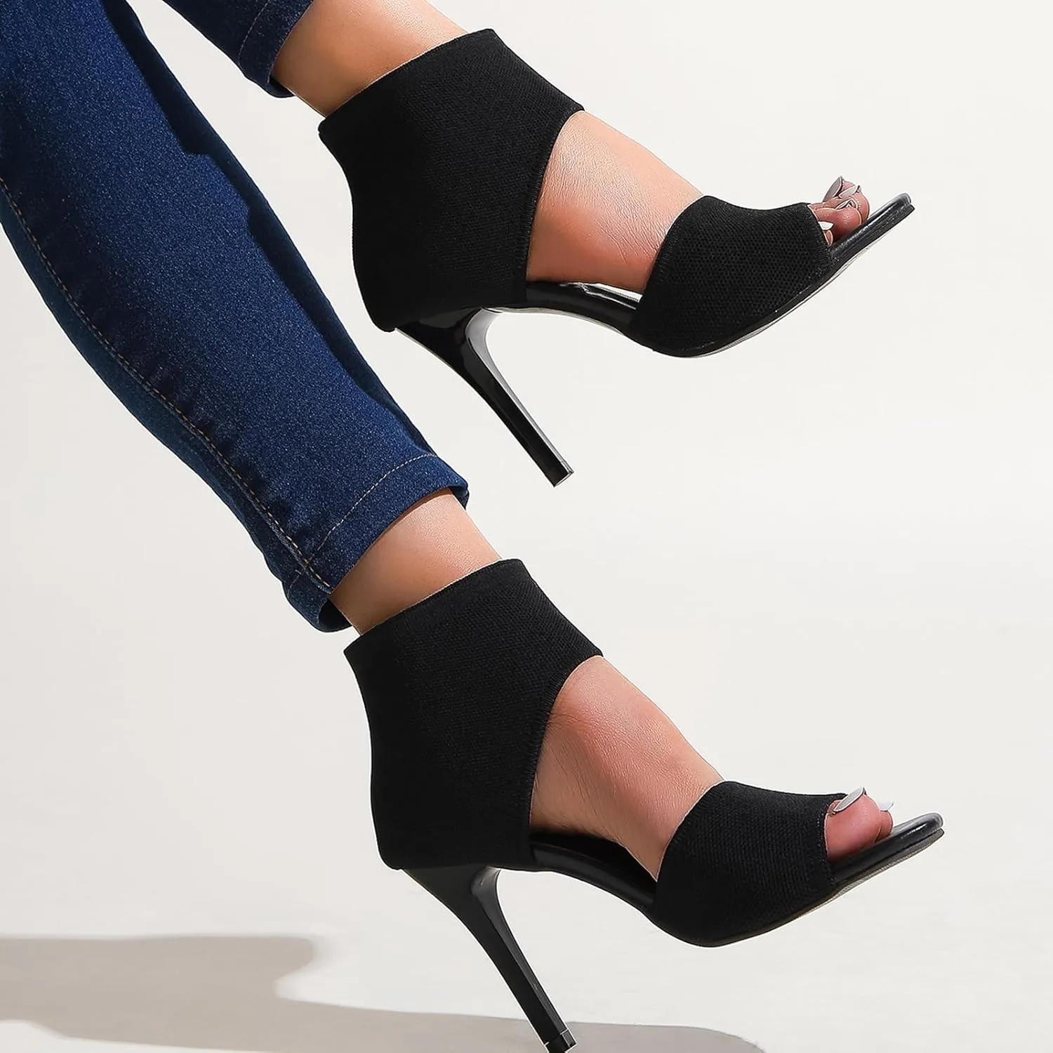Womens Fish Mouth Stiletto Sandals,Heel High 3.54in Comfortable Dress Heel Sandals,Stretchy Knit Open Toe High Heels (Black,8)