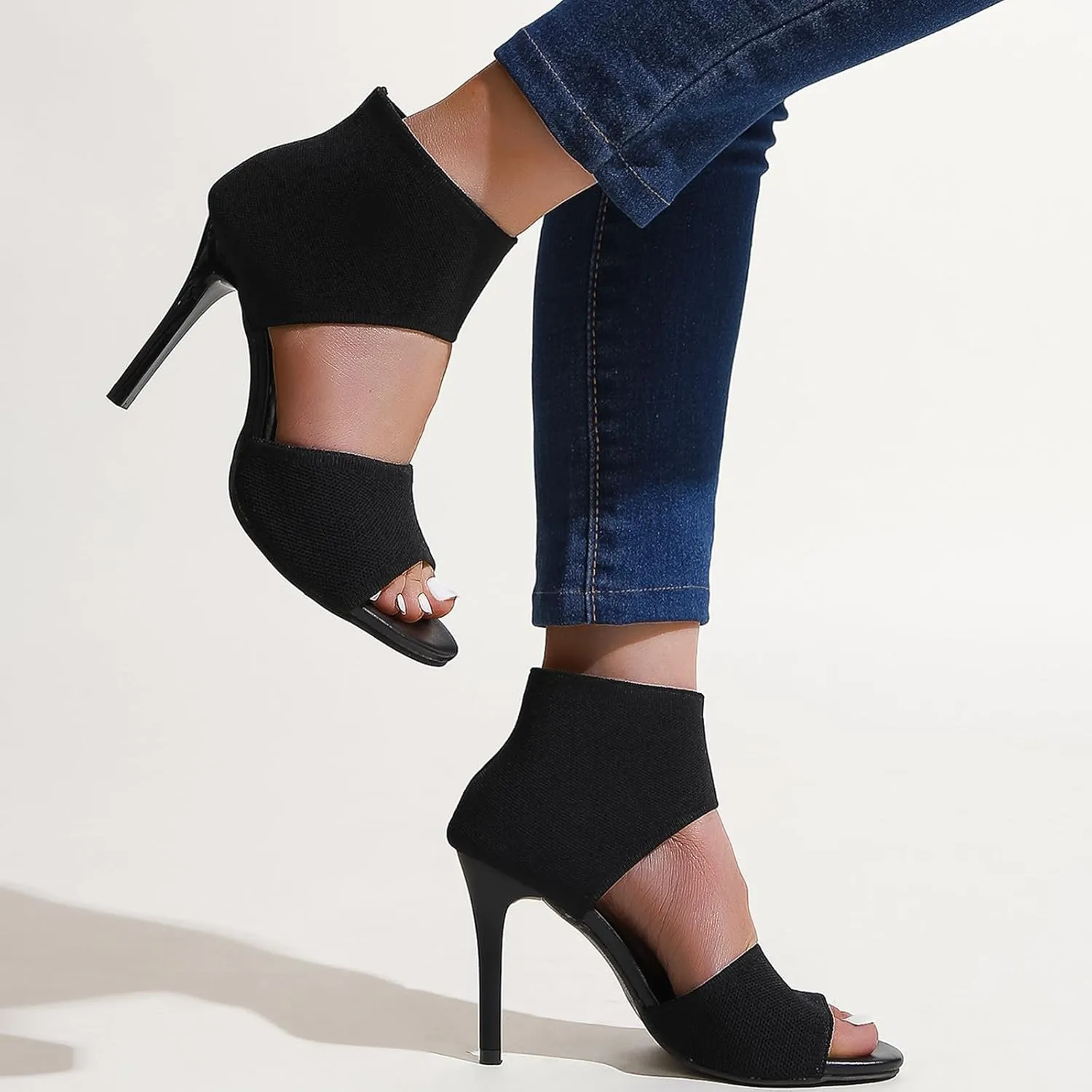 Womens Fish Mouth Stiletto Sandals,Heel High 3.54in Comfortable Dress Heel Sandals,Stretchy Knit Open Toe High Heels (Black,8)