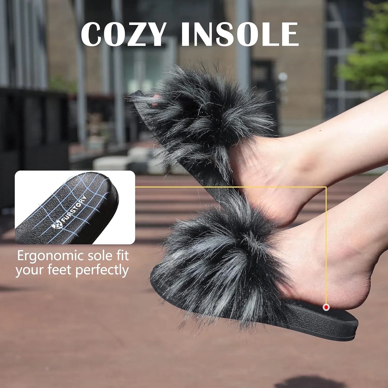 Women's Furry Slides Faux Fur Slides Fuzzy Slippers Fluffy Sandals Outdoor Indoor