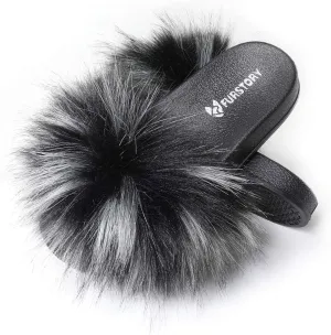 Women's Furry Slides Faux Fur Slides Fuzzy Slippers Fluffy Sandals Outdoor Indoor