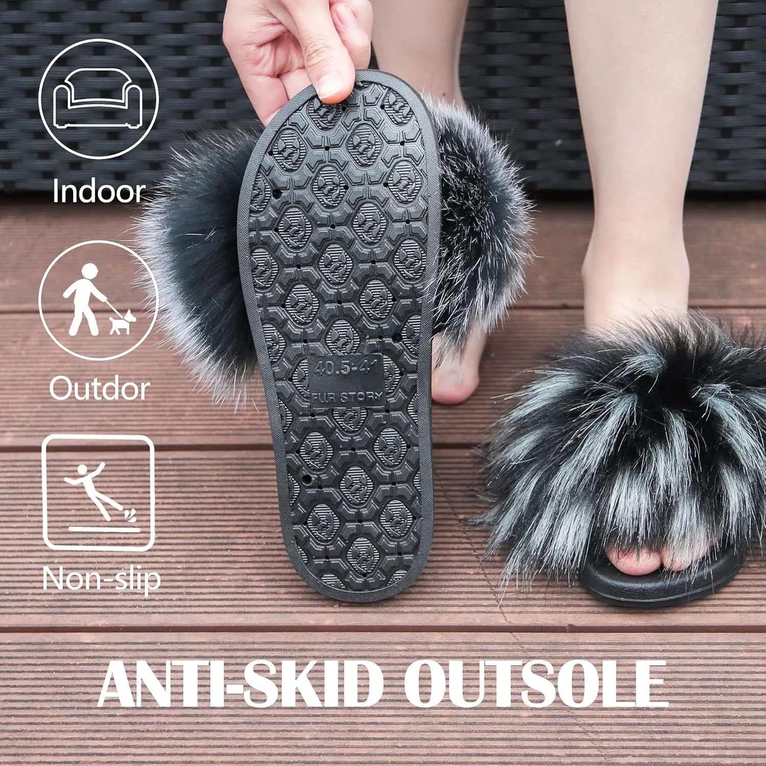 Women's Furry Slides Faux Fur Slides Fuzzy Slippers Fluffy Sandals Outdoor Indoor