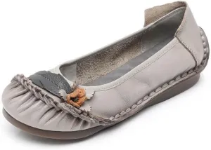 Women's Genuine Leather Flower Vintage Flats Comfortable Round Toe Slip-On Lightweight Non-Slip Hand Sewing Casual Mom Shoes for Walking Driving Shopping Loafers