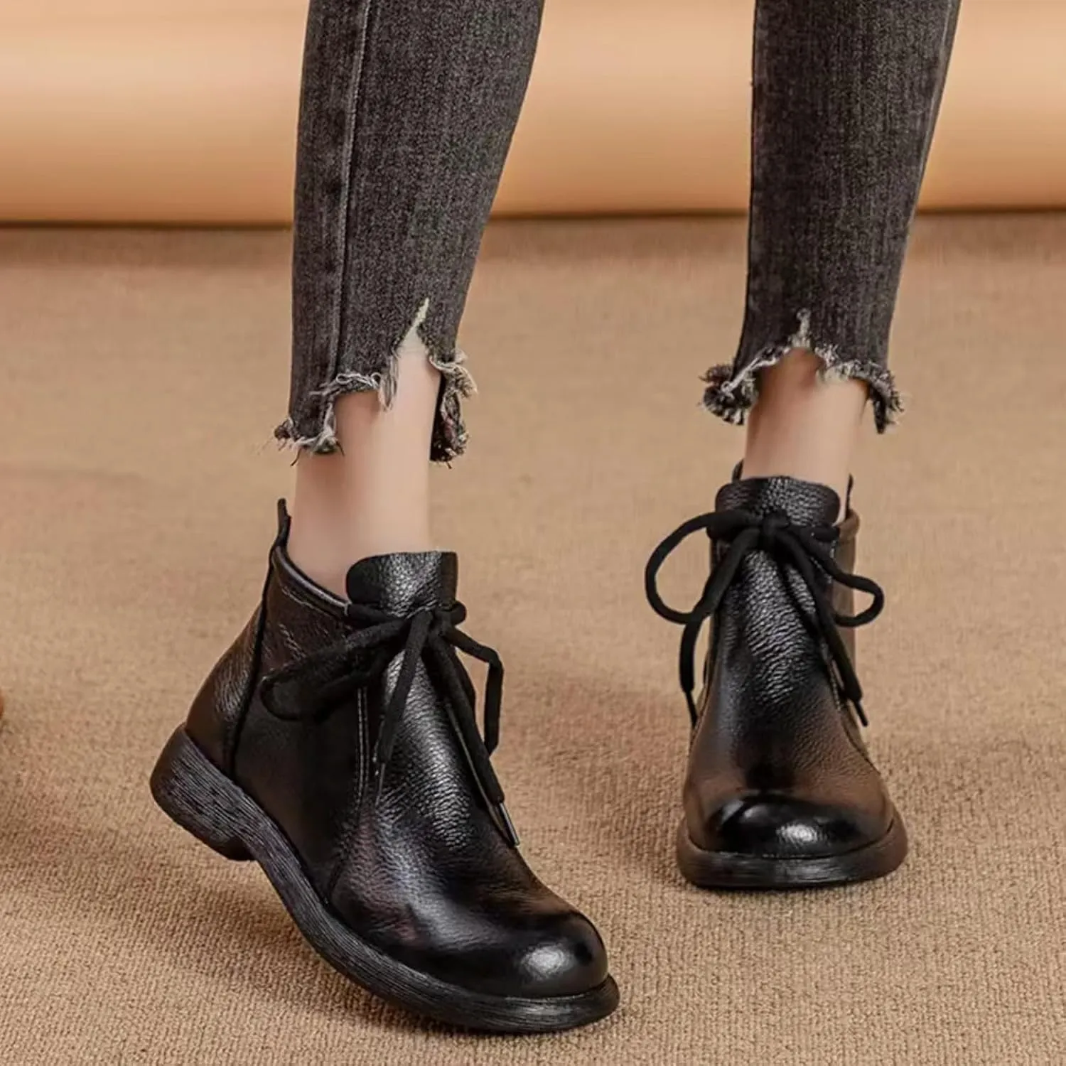 Women's Genuine Leather lace-up flat ankle boots Retro Round Back zipper Soft Bottom Casual Booties Comfortable Office work Anti Slip Leather Boots