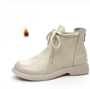 Women's Genuine Leather lace-up flat ankle boots Retro Round Back zipper Soft Bottom Casual Booties Comfortable Office work Anti Slip Leather Boots