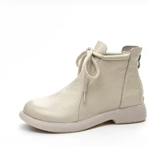 Women's Genuine Leather lace-up flat ankle boots Retro Round Back zipper Soft Bottom Casual Booties Comfortable Office work Anti Slip Leather Boots