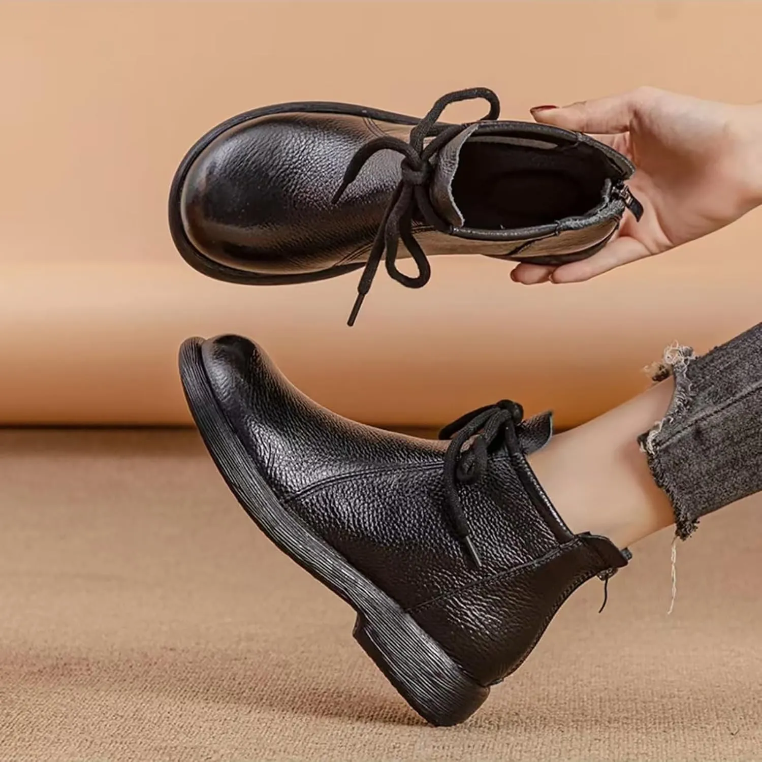 Women's Genuine Leather lace-up flat ankle boots Retro Round Back zipper Soft Bottom Casual Booties Comfortable Office work Anti Slip Leather Boots