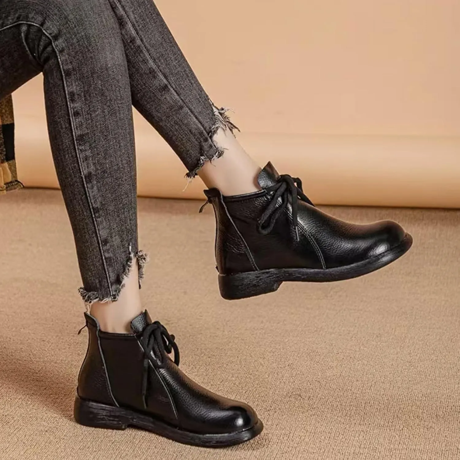 Women's Genuine Leather lace-up flat ankle boots Retro Round Back zipper Soft Bottom Casual Booties Comfortable Office work Anti Slip Leather Boots