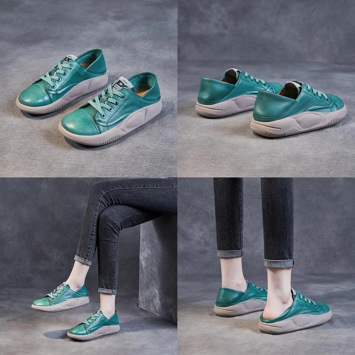 Women's Genuine Leather Lace-up Lightweight Flat Loafers,Retro Handmade Round Toe Casual Soft Sole Walking Shoes,Comfortable Non-Slip Driving Working Shoes
