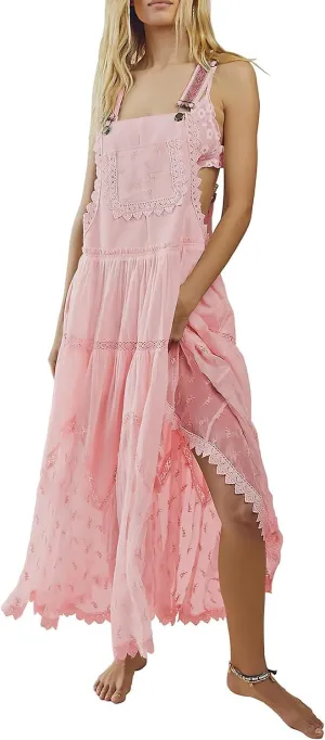 Women's Laced Embroidered Tulle Boho Dress Casual Loose Adjustable Straps Bib Maxi Dress