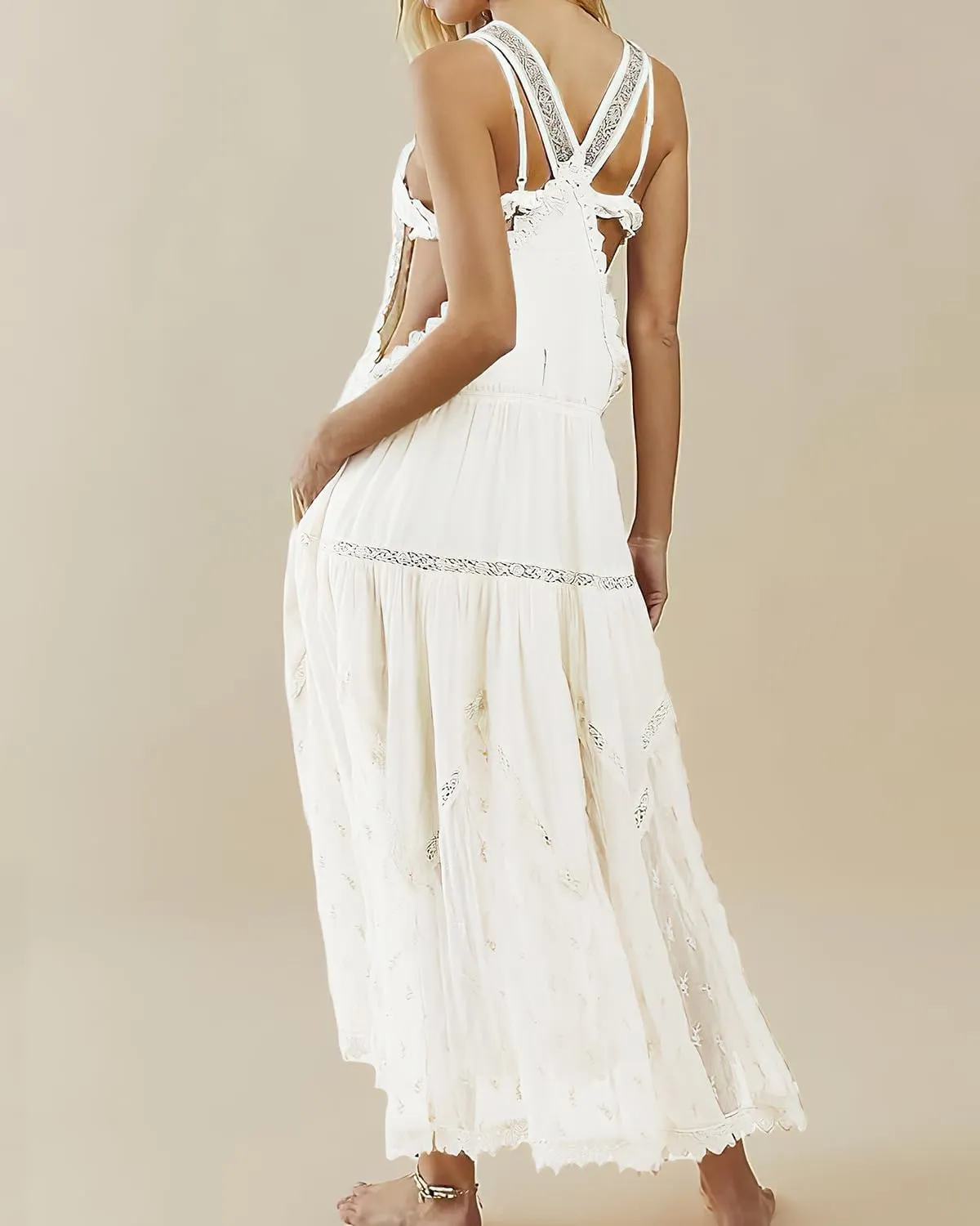 Women's Laced Embroidered Tulle Boho Dress Casual Loose Adjustable Straps Bib Maxi Dress