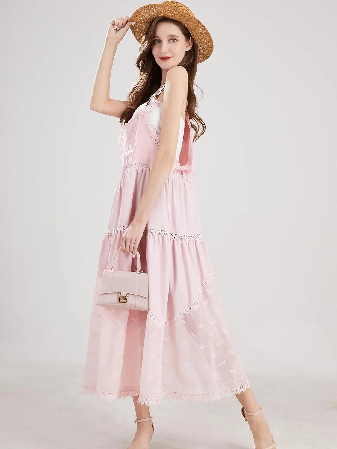 Women's Laced Embroidered Tulle Boho Dress Casual Loose Adjustable Straps Bib Maxi Dress