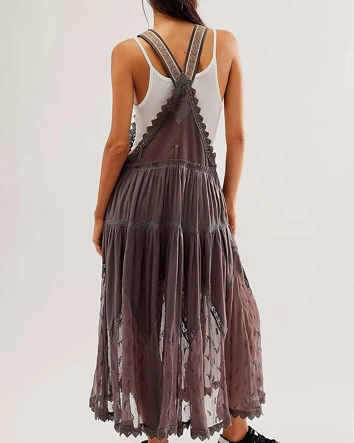 Women's Laced Embroidered Tulle Boho Dress Casual Loose Adjustable Straps Bib Maxi Dress