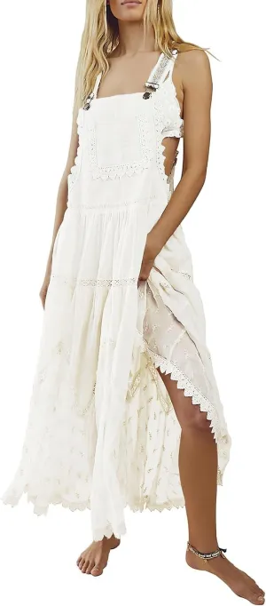 Women's Laced Embroidered Tulle Boho Dress Casual Loose Adjustable Straps Bib Maxi Dress