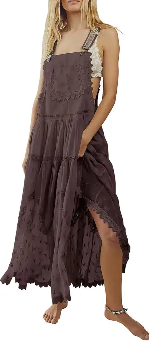 Women's Laced Embroidered Tulle Boho Dress Casual Loose Adjustable Straps Bib Maxi Dress