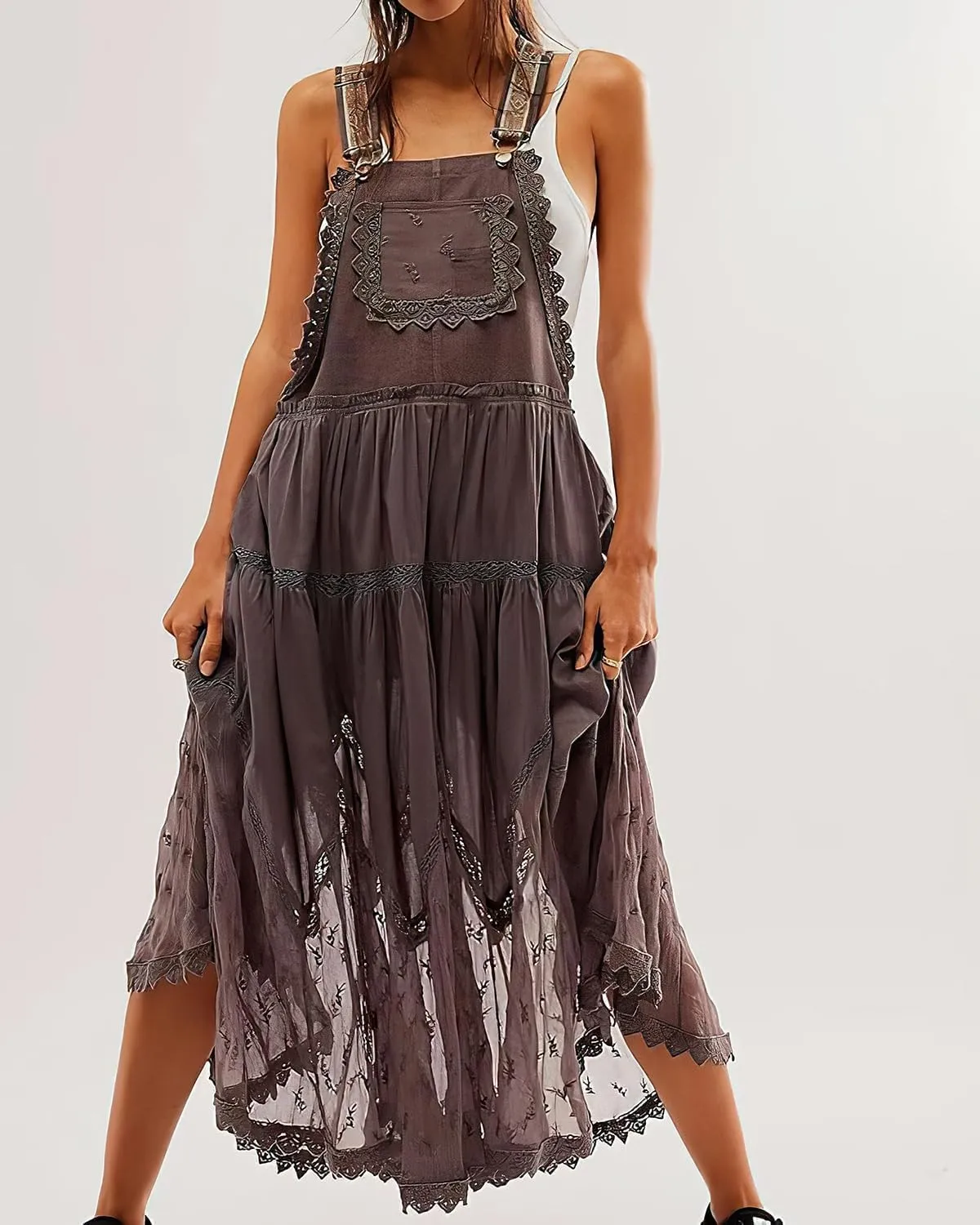 Women's Laced Embroidered Tulle Boho Dress Casual Loose Adjustable Straps Bib Maxi Dress