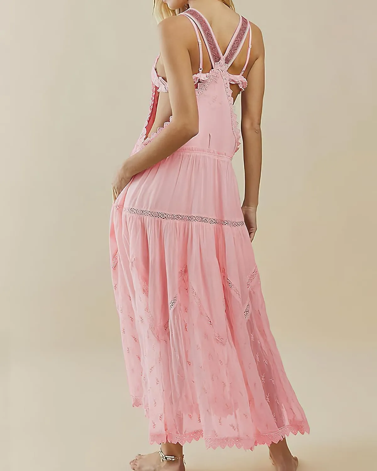 Women's Laced Embroidered Tulle Boho Dress Casual Loose Adjustable Straps Bib Maxi Dress