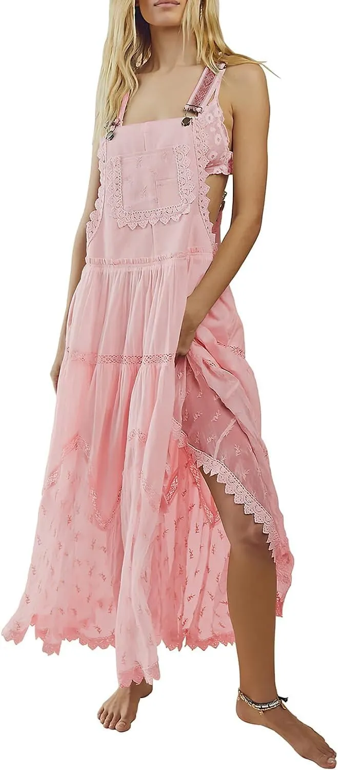 Women's Laced Embroidered Tulle Boho Dress Casual Loose Adjustable Straps Bib Maxi Dress