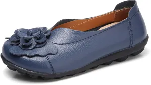 Women's Leather Slip On Loafers Vintage Cute Bow Flower Comfy Non-Slip Softsole Walking Casual Pumps Work Flats Shoes Driving Office Flowers Round Toe Soft Bottom Lightweight Nurse Loafers