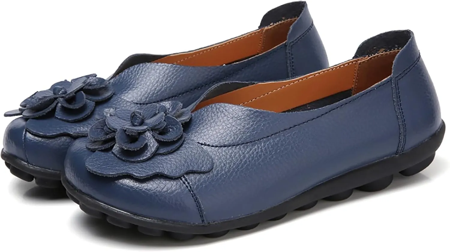 Women's Leather Slip On Loafers Vintage Cute Bow Flower Comfy Non-Slip Softsole Walking Casual Pumps Work Flats Shoes Driving Office Flowers Round Toe Soft Bottom Lightweight Nurse Loafers
