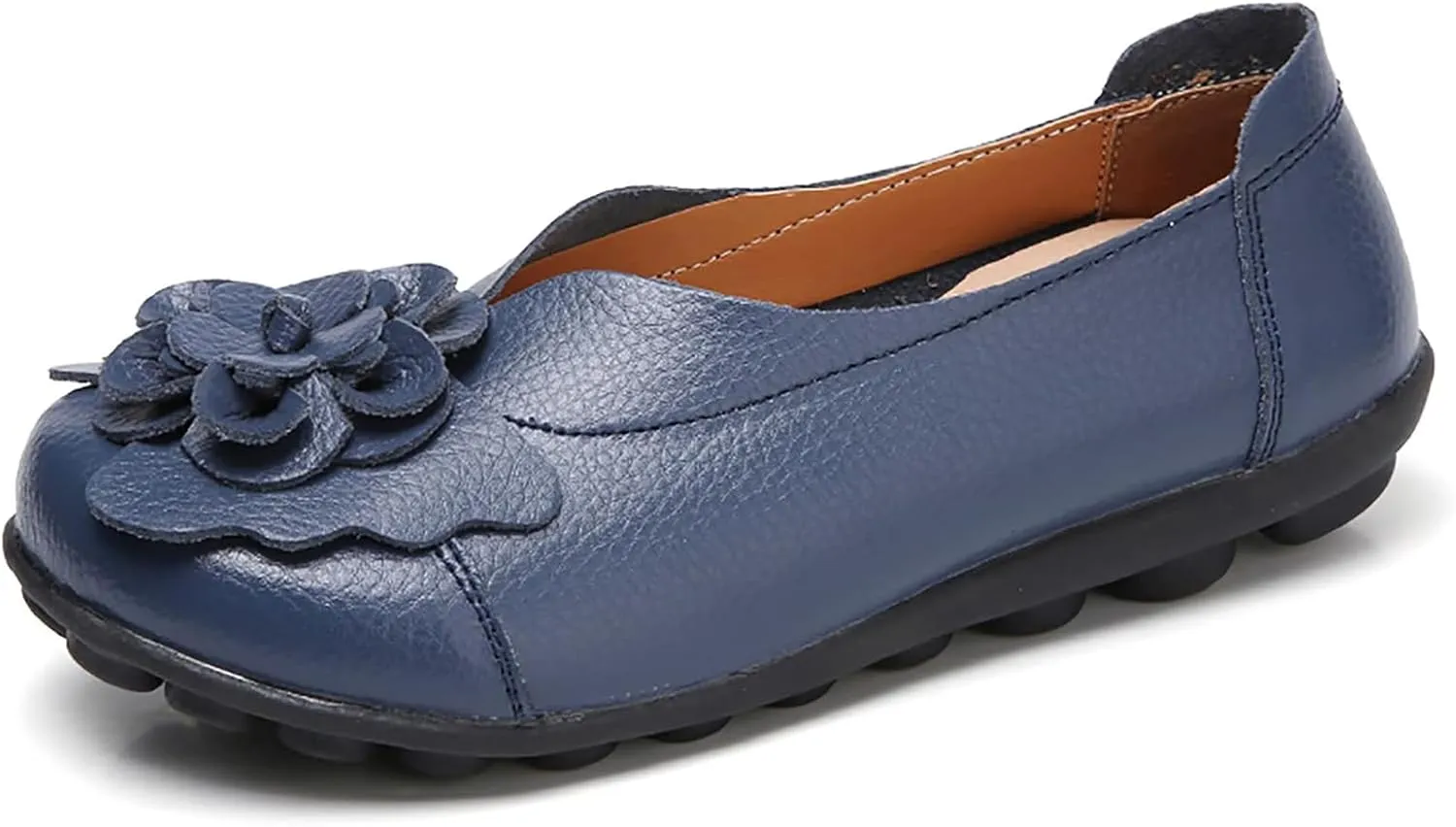 Women's Leather Slip On Loafers Vintage Cute Bow Flower Comfy Non-Slip Softsole Walking Casual Pumps Work Flats Shoes Driving Office Flowers Round Toe Soft Bottom Lightweight Nurse Loafers