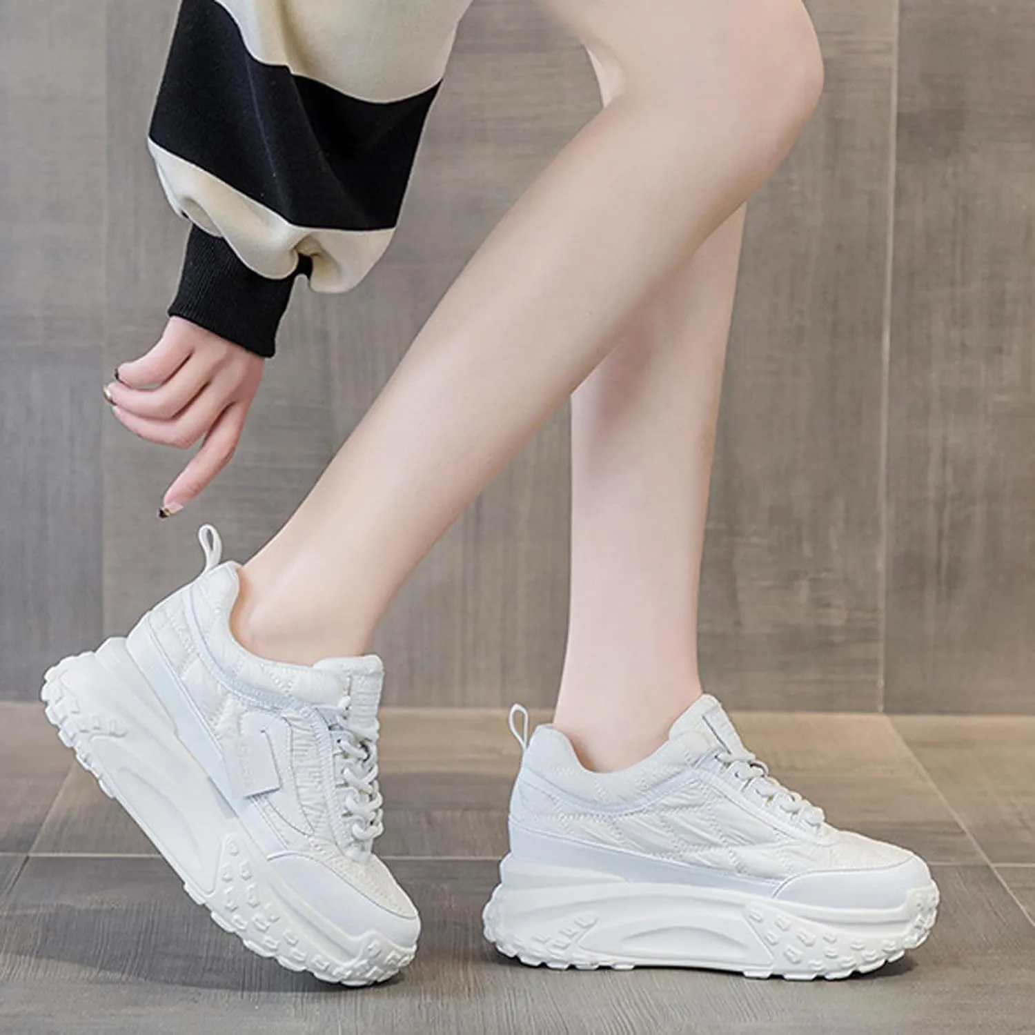 Women's Platform Increase Fashion Sneakers,Comfy Low Hidden Wedge Lightweight Casual Anti-Slip Running Sneakers Outdoor Lace Up Slip-on Leather Patchwork Breathable Mesh Walking Shoes