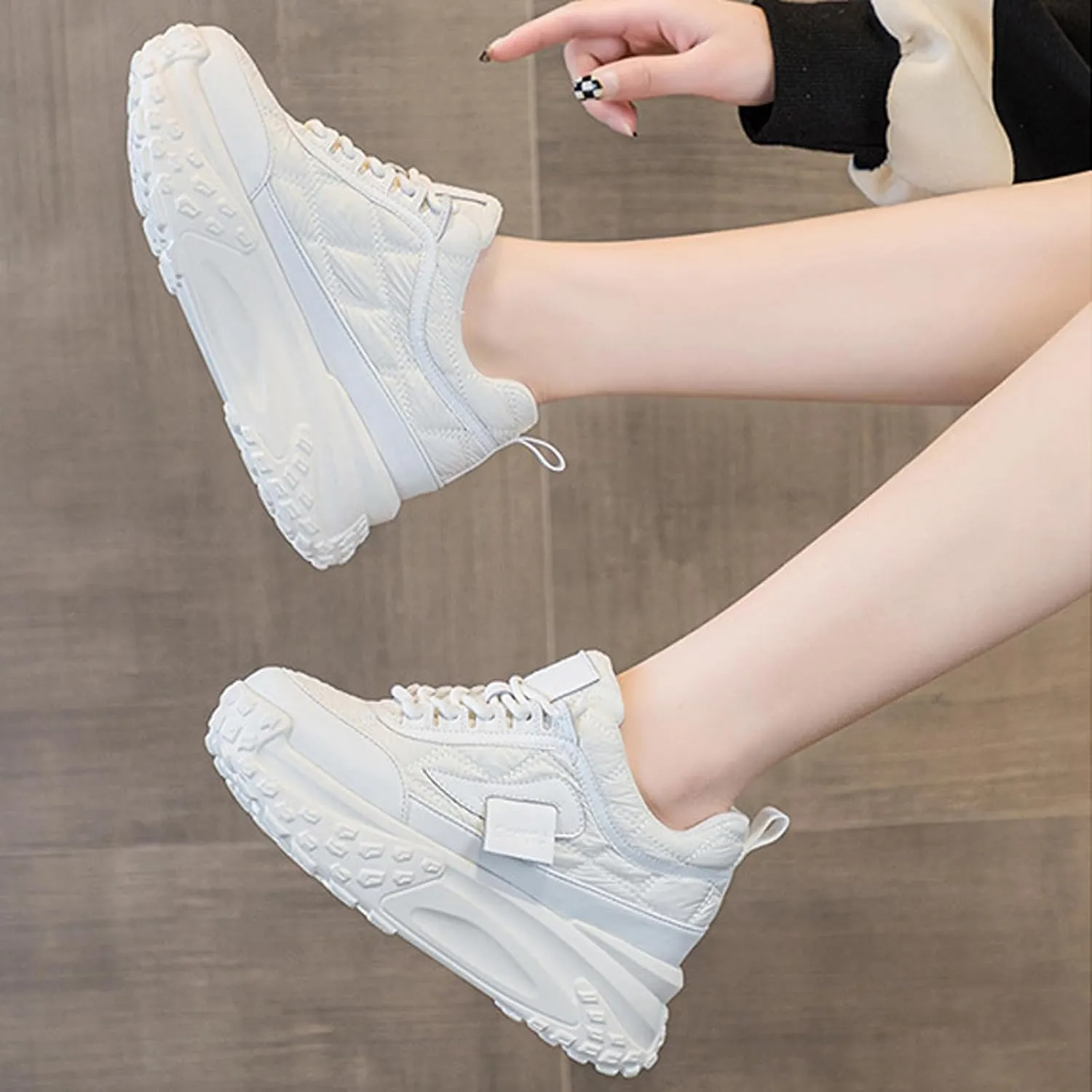 Women's Platform Increase Fashion Sneakers,Comfy Low Hidden Wedge Lightweight Casual Anti-Slip Running Sneakers Outdoor Lace Up Slip-on Leather Patchwork Breathable Mesh Walking Shoes