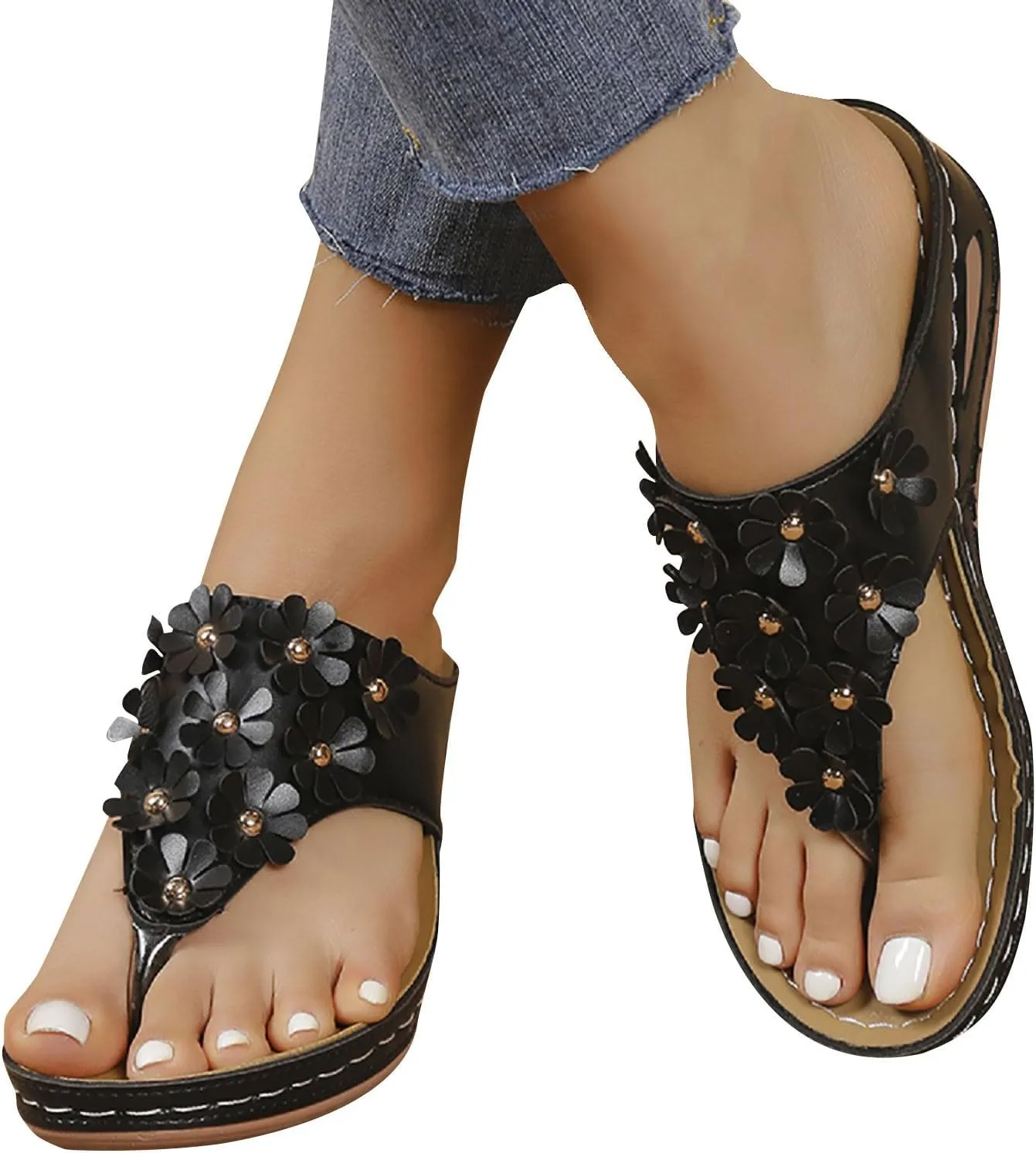 Womens Platform Wedge Sandals Cushion Footbed Thong Flip Flops for Women Summer Beach Walking Wedges Shoes