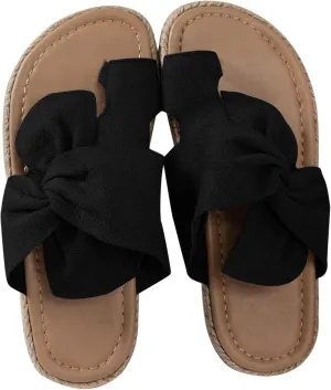 Women's Plus-size Solid Color One-line Platform Bow Boho Style Beach Wedge Sandals
