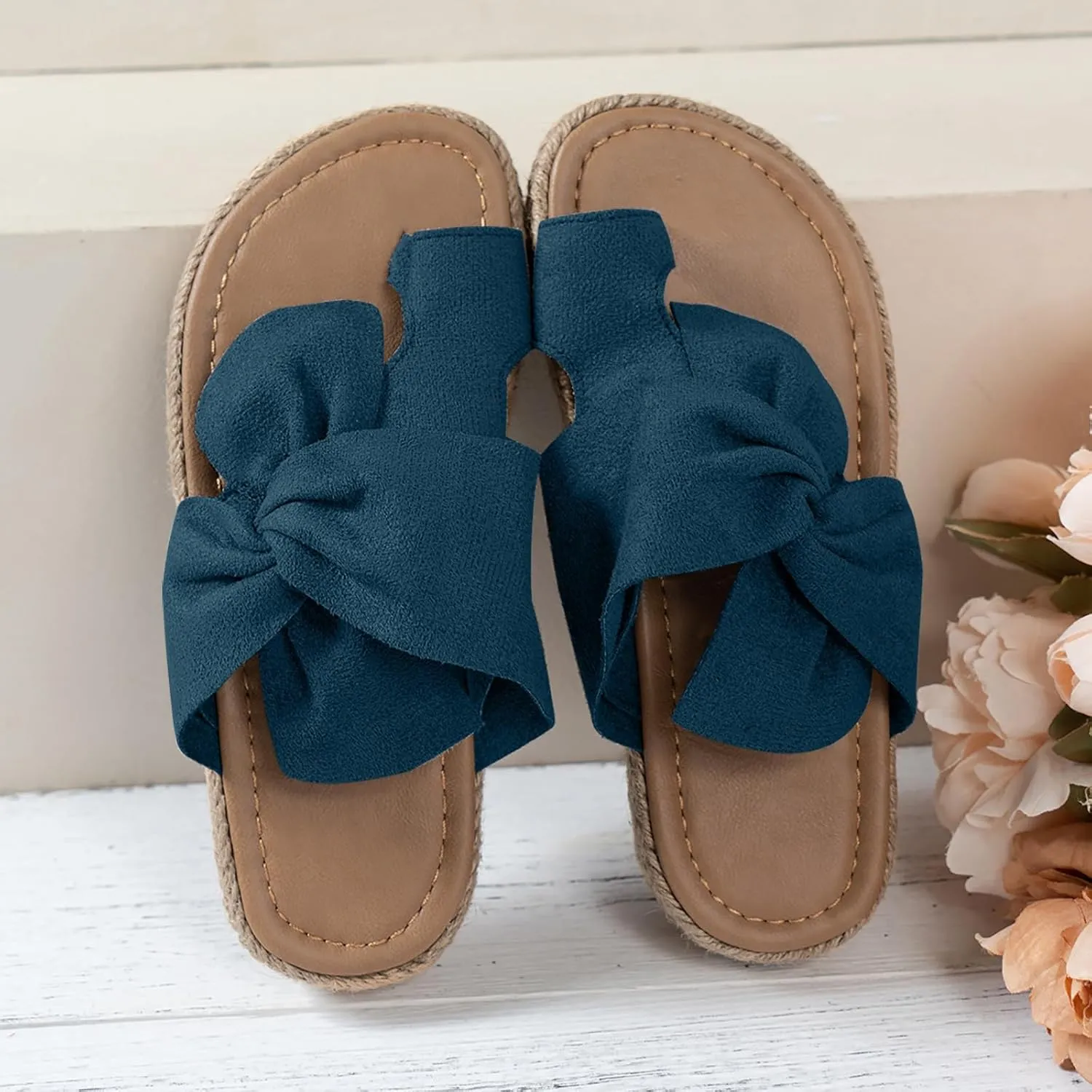 Women's Plus-size Solid Color One-line Platform Bow Boho Style Beach Wedge Sandals