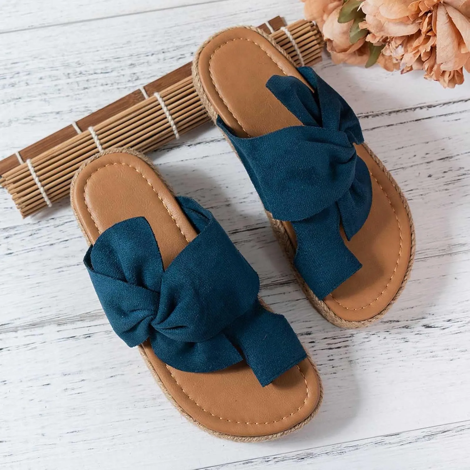 Women's Plus-size Solid Color One-line Platform Bow Boho Style Beach Wedge Sandals