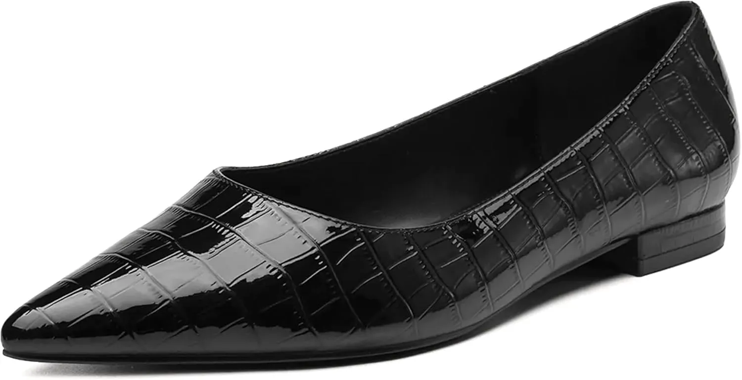 Women's Pointed Toe Flat Ballerina Shoes, PU Minimalist Slip On Flats, Wide Last