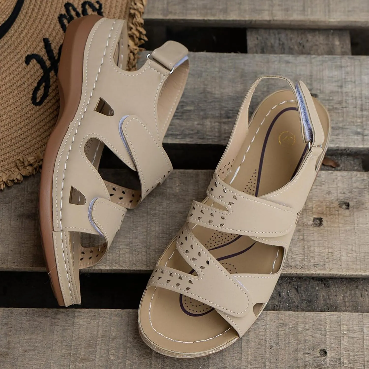 Women's Solid Color Platform Sandals Casual Ankle Strap Slingback Wedge Shoes Summer Comfy Shoes