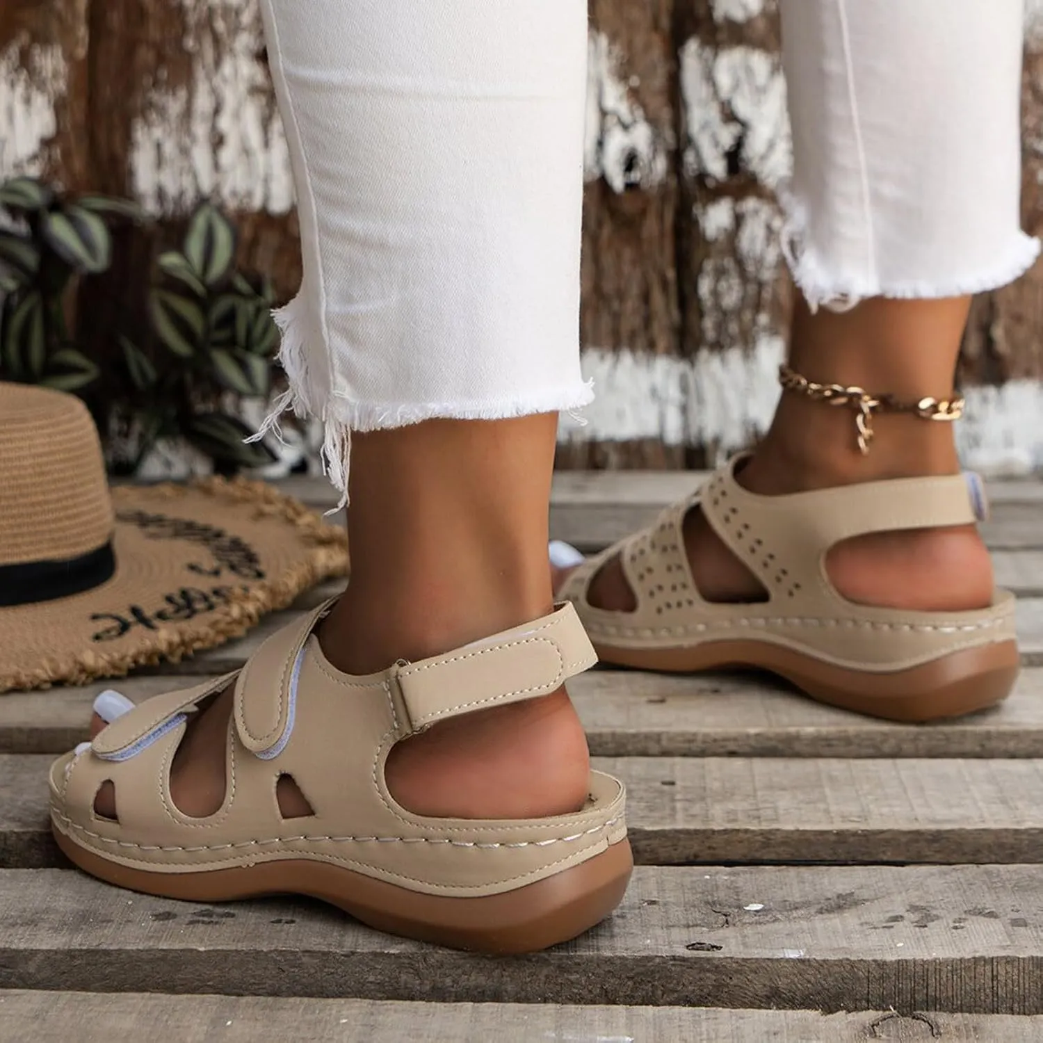 Women's Solid Color Platform Sandals Casual Ankle Strap Slingback Wedge Shoes Summer Comfy Shoes