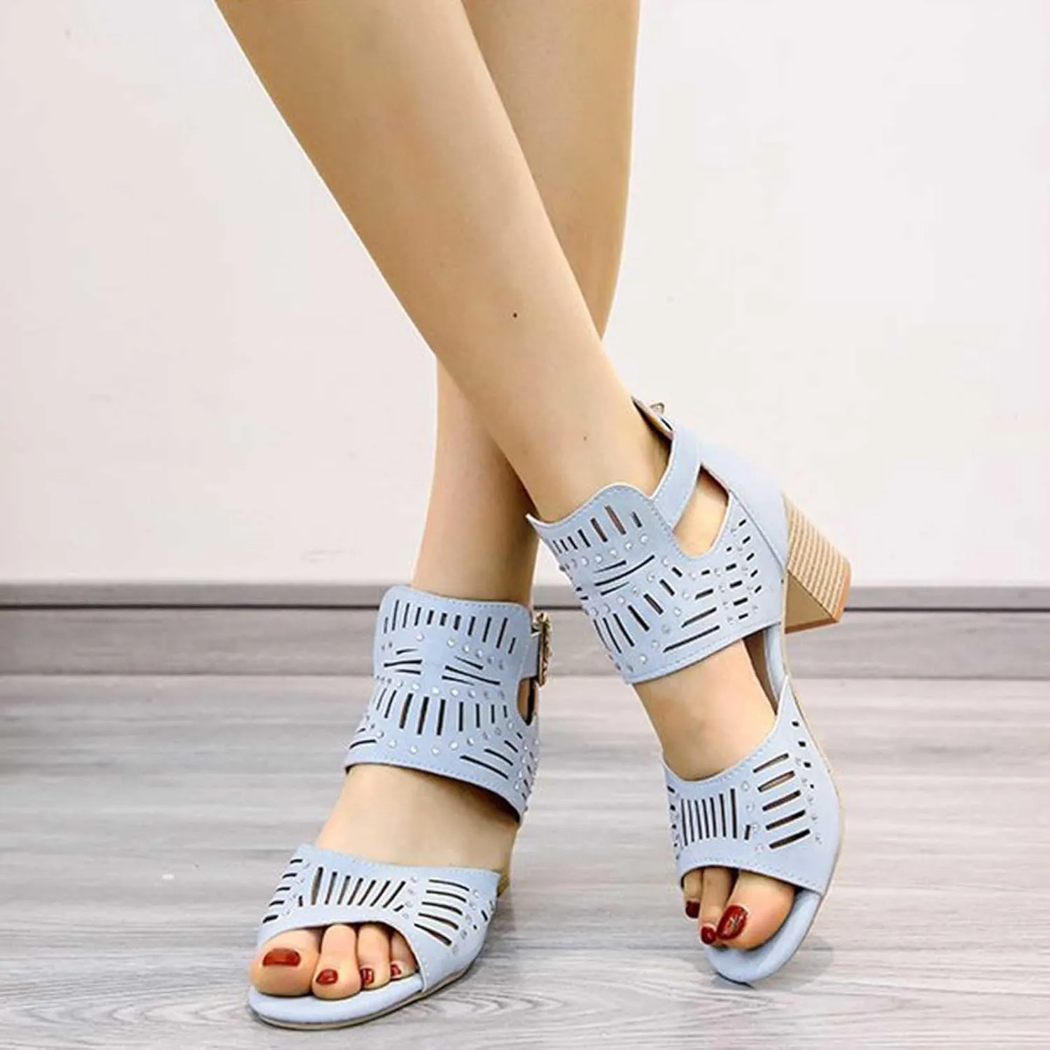 Women's Summer New Large-size Hollowed-out Rhinestone Fish Mouth Chunky High-heeled Sandals
