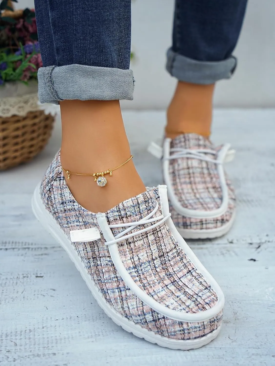 Women's Wendy Plaid Lace-up Loafers Canvas Slip-On Casual Boat Shoes Comfortable Orthotic Walking Sneakers