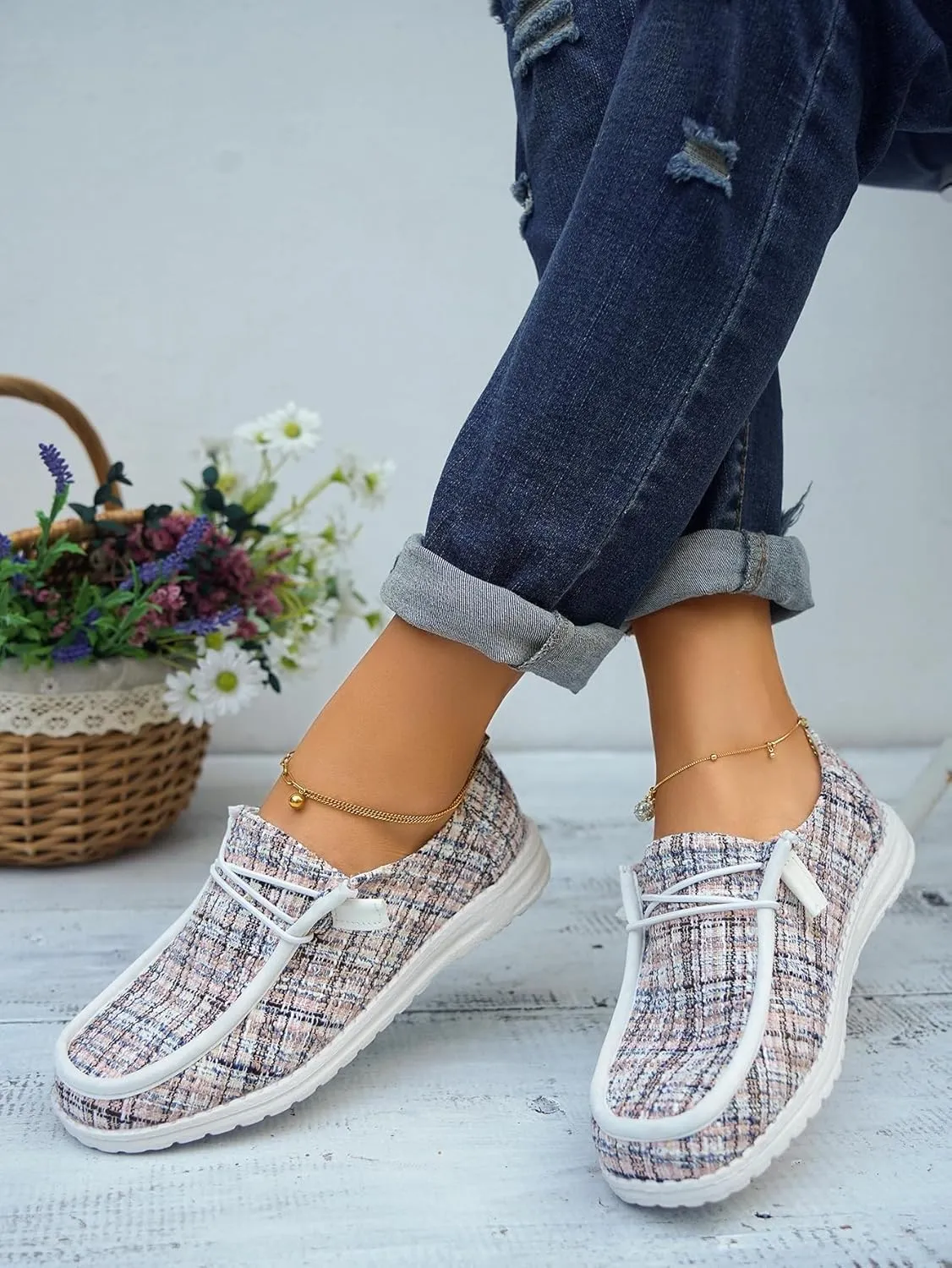 Women's Wendy Plaid Lace-up Loafers Canvas Slip-On Casual Boat Shoes Comfortable Orthotic Walking Sneakers