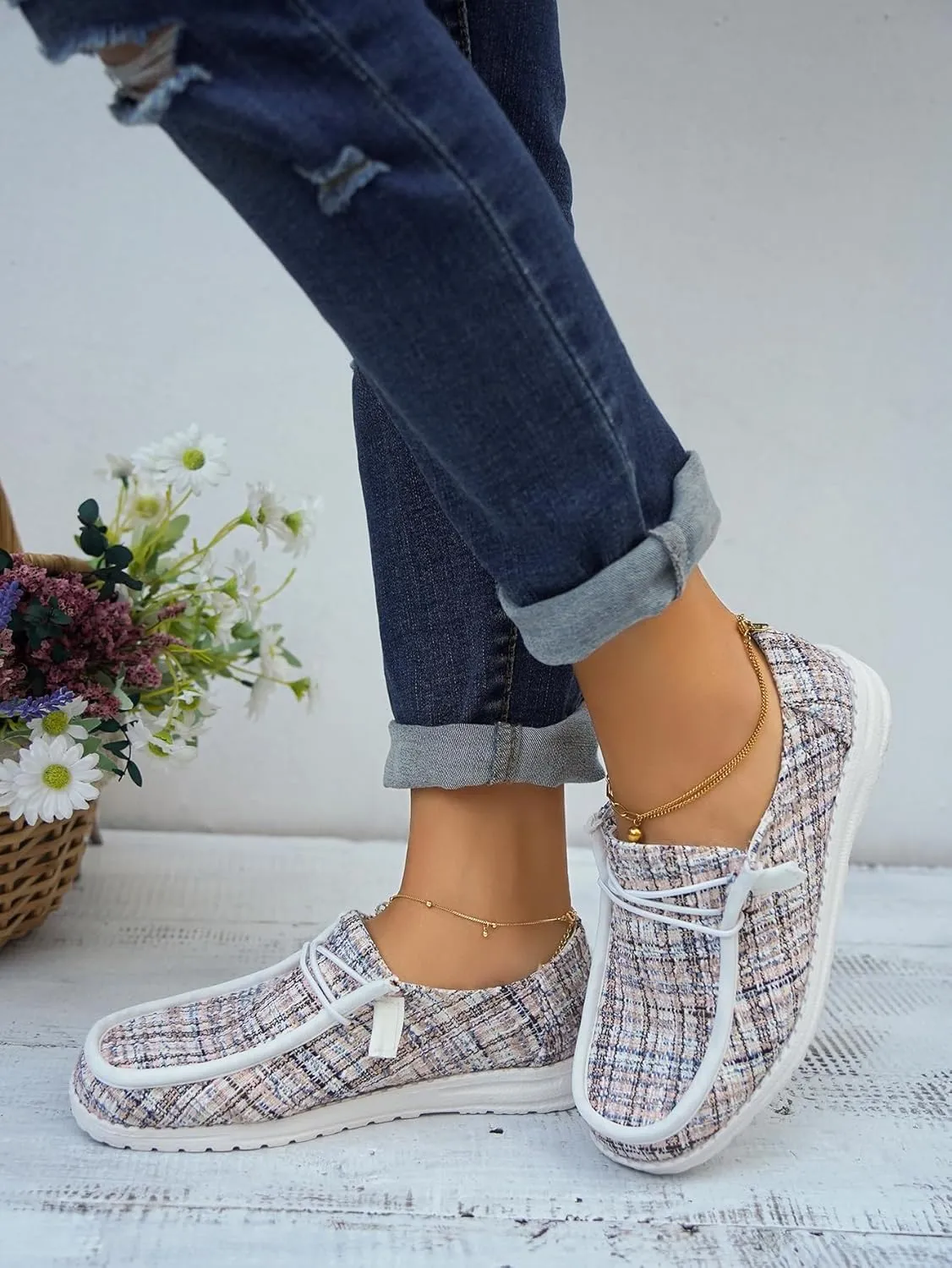 Women's Wendy Plaid Lace-up Loafers Canvas Slip-On Casual Boat Shoes Comfortable Orthotic Walking Sneakers