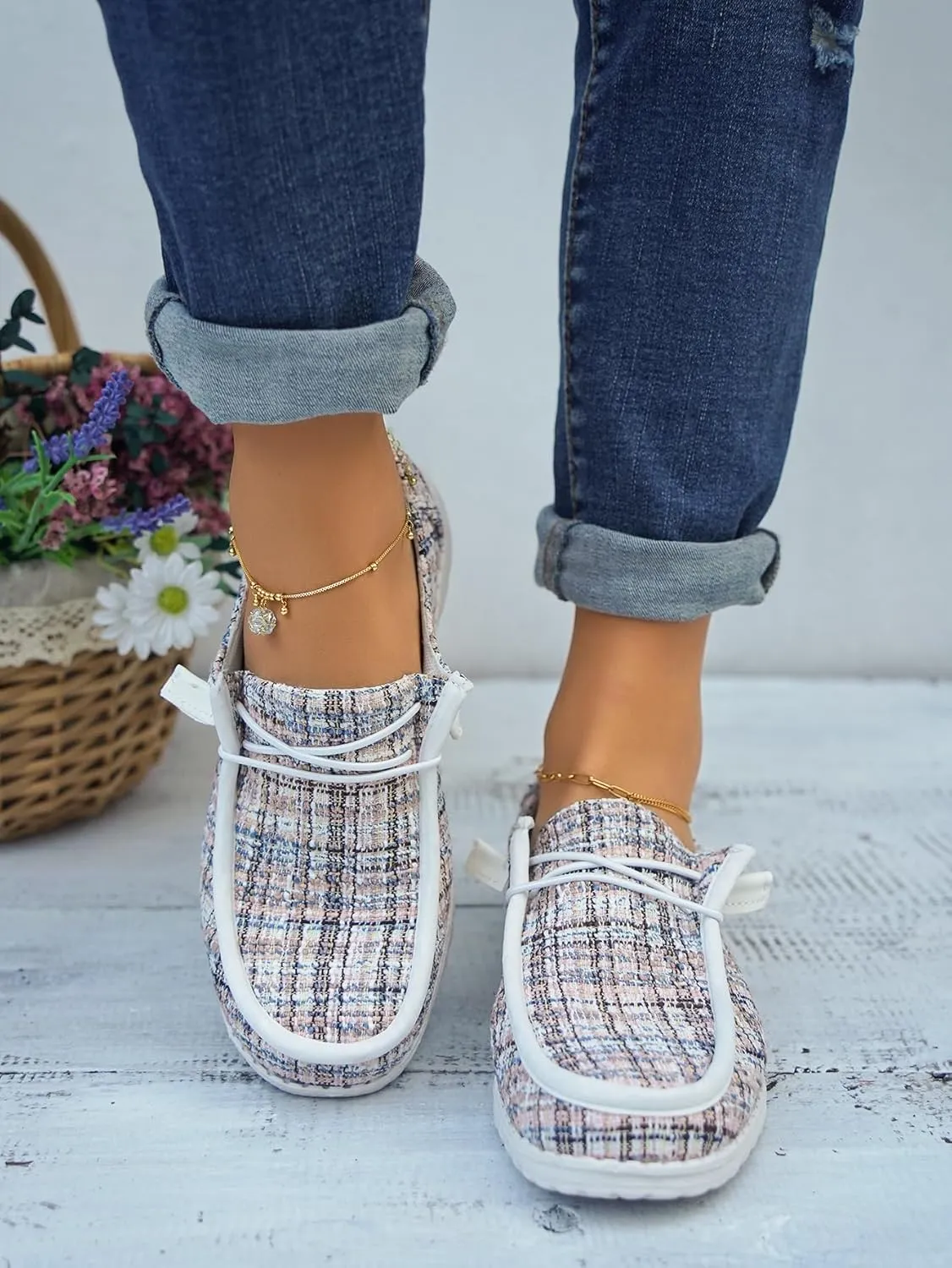 Women's Wendy Plaid Lace-up Loafers Canvas Slip-On Casual Boat Shoes Comfortable Orthotic Walking Sneakers