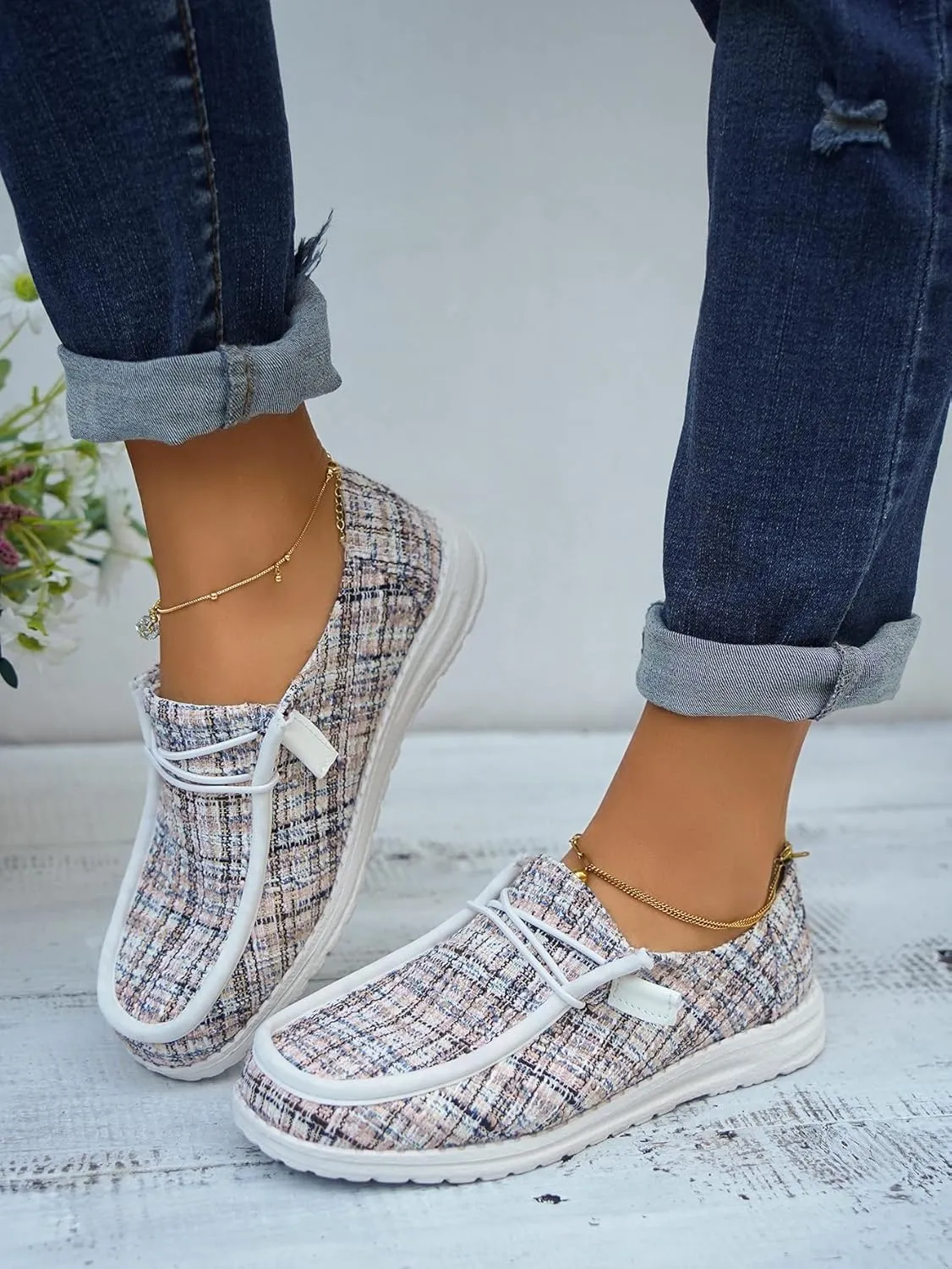 Women's Wendy Plaid Lace-up Loafers Canvas Slip-On Casual Boat Shoes Comfortable Orthotic Walking Sneakers
