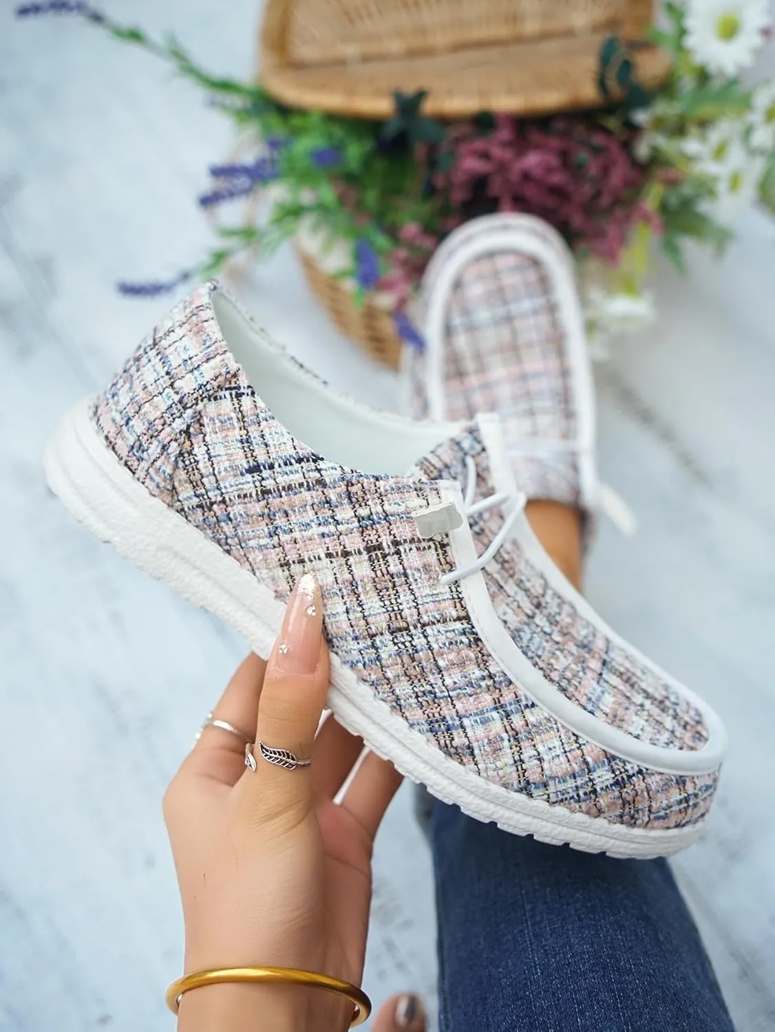 Women's Wendy Plaid Lace-up Loafers Canvas Slip-On Casual Boat Shoes Comfortable Orthotic Walking Sneakers