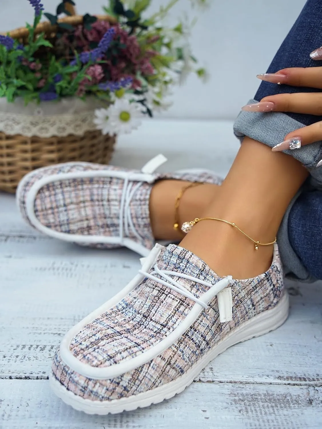 Women's Wendy Plaid Lace-up Loafers Canvas Slip-On Casual Boat Shoes Comfortable Orthotic Walking Sneakers