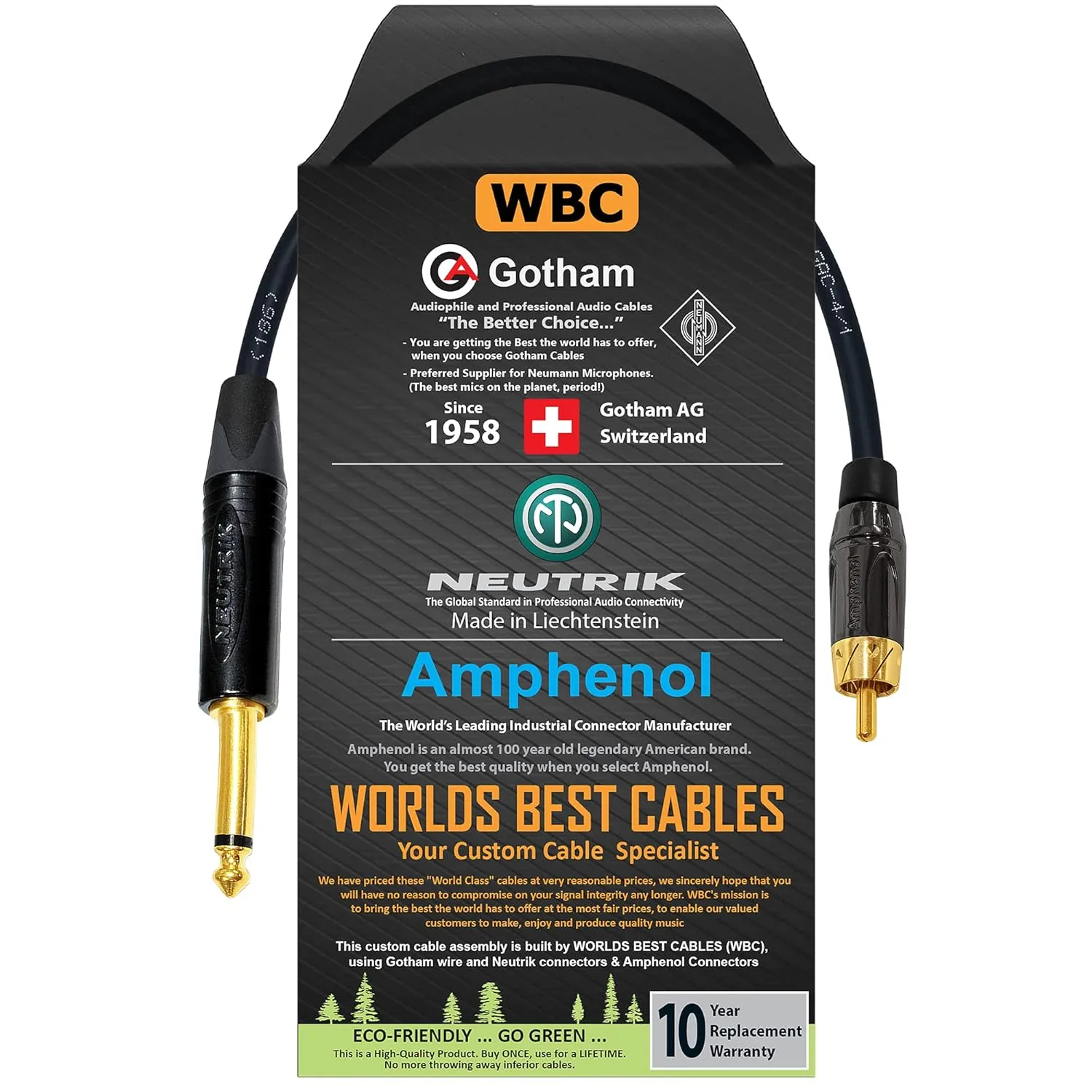 WORLDS BEST CABLES 1 Foot – TS to RCA Cable – Gotham GAC-4/1 (Black) Star-Quad Audio Interconnect Cable & Neutrik NP2X-B & Amphenol ACPL-CBK Gold Plugs - Custom Made
